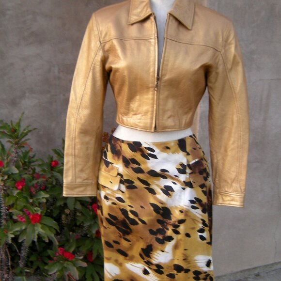 CACHE Gold Leather Cropped Sexy Little Zippered Moto Jacket - S - Picture 2 of 9